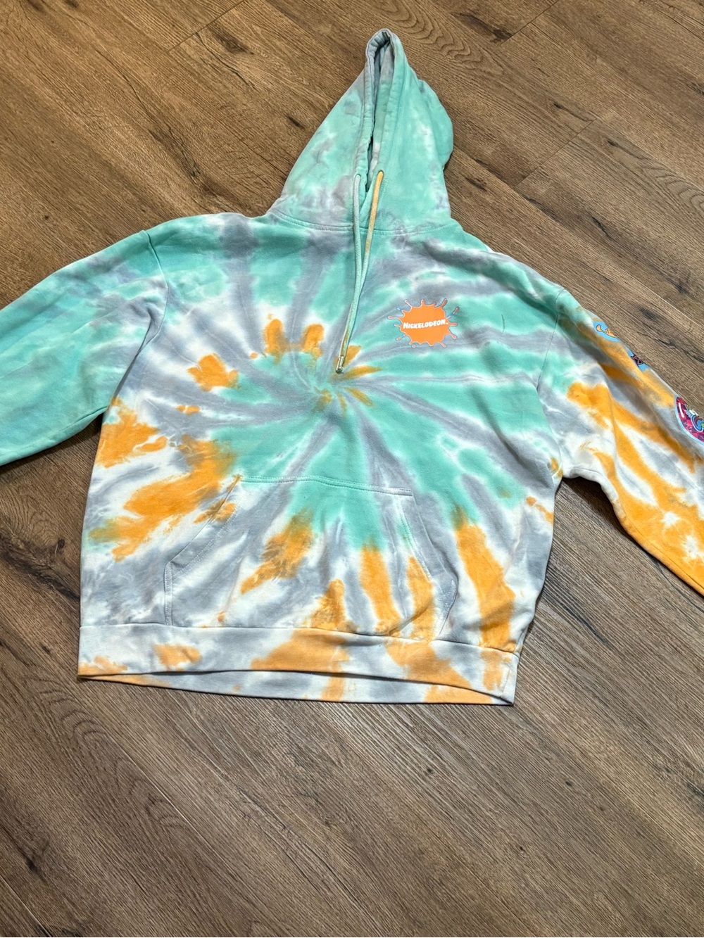 Nickelodeon Tie-Dye Teal Orange 90s Cartoon Zip-Up Hoodie Sweatshirt Size L